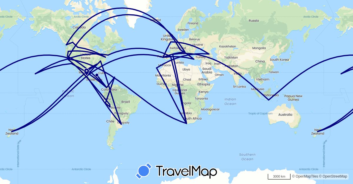 TravelMap itinerary: driving in Argentina, Canada, Colombia, Spain, United Kingdom, Georgia, Greece, Croatia, Indonesia, Italy, Mexico, New Zealand, Peru, Portugal, United States, South Africa (Africa, Asia, Europe, North America, Oceania, South America)